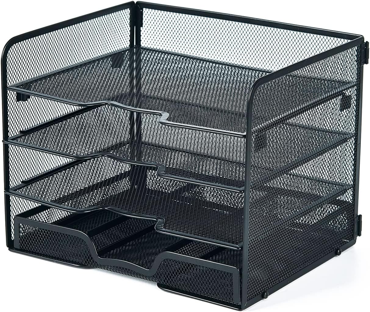 SETTFRFE 4 Tier Mesh Paper Letter Tray,Desk File Organizer with A Sliding Drawer,Office Supplies Desk Organizer for Home Office,Black.