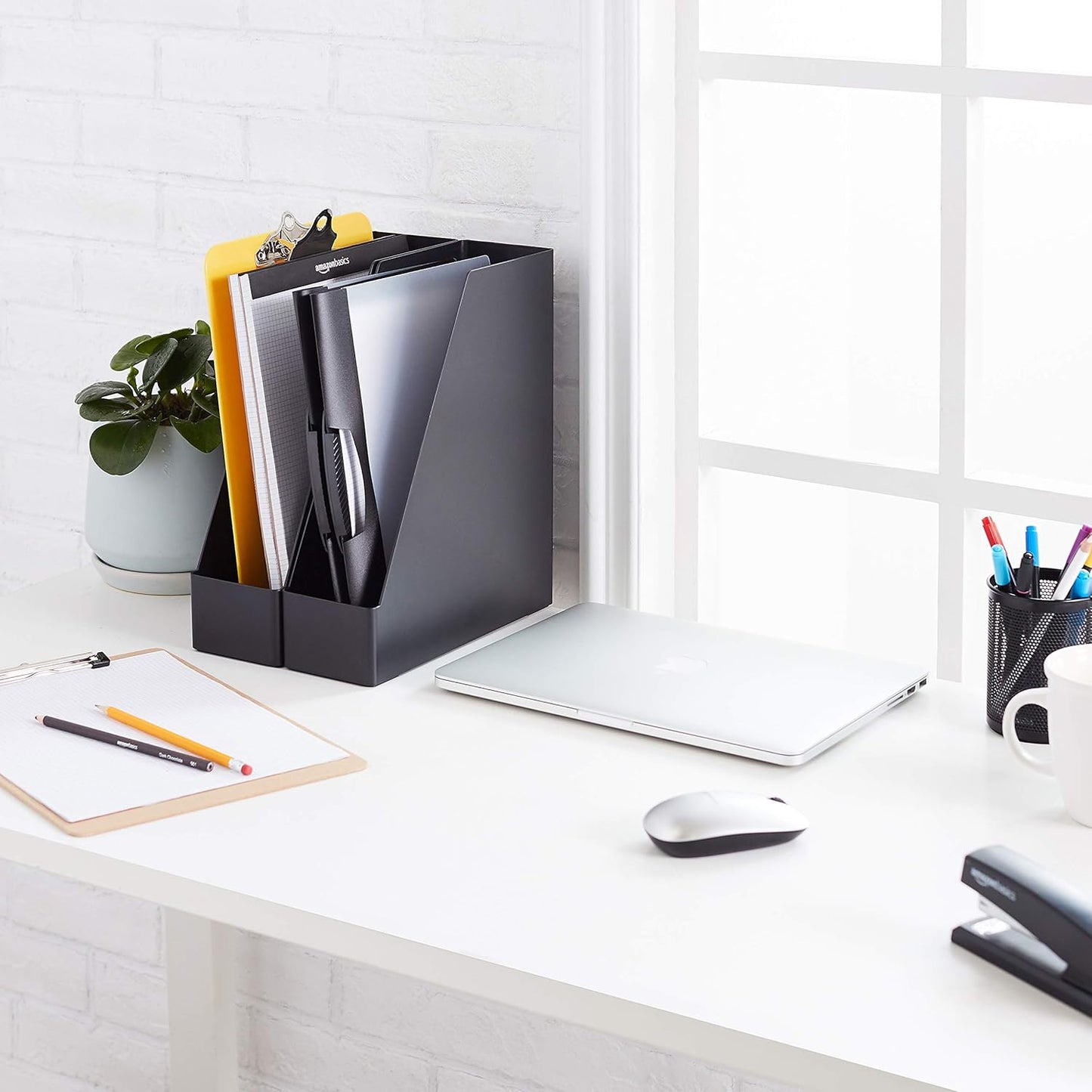 Amazon Basics Plastic Desk Organizer Magazine Rack and File Holder, Black, 2-Pack