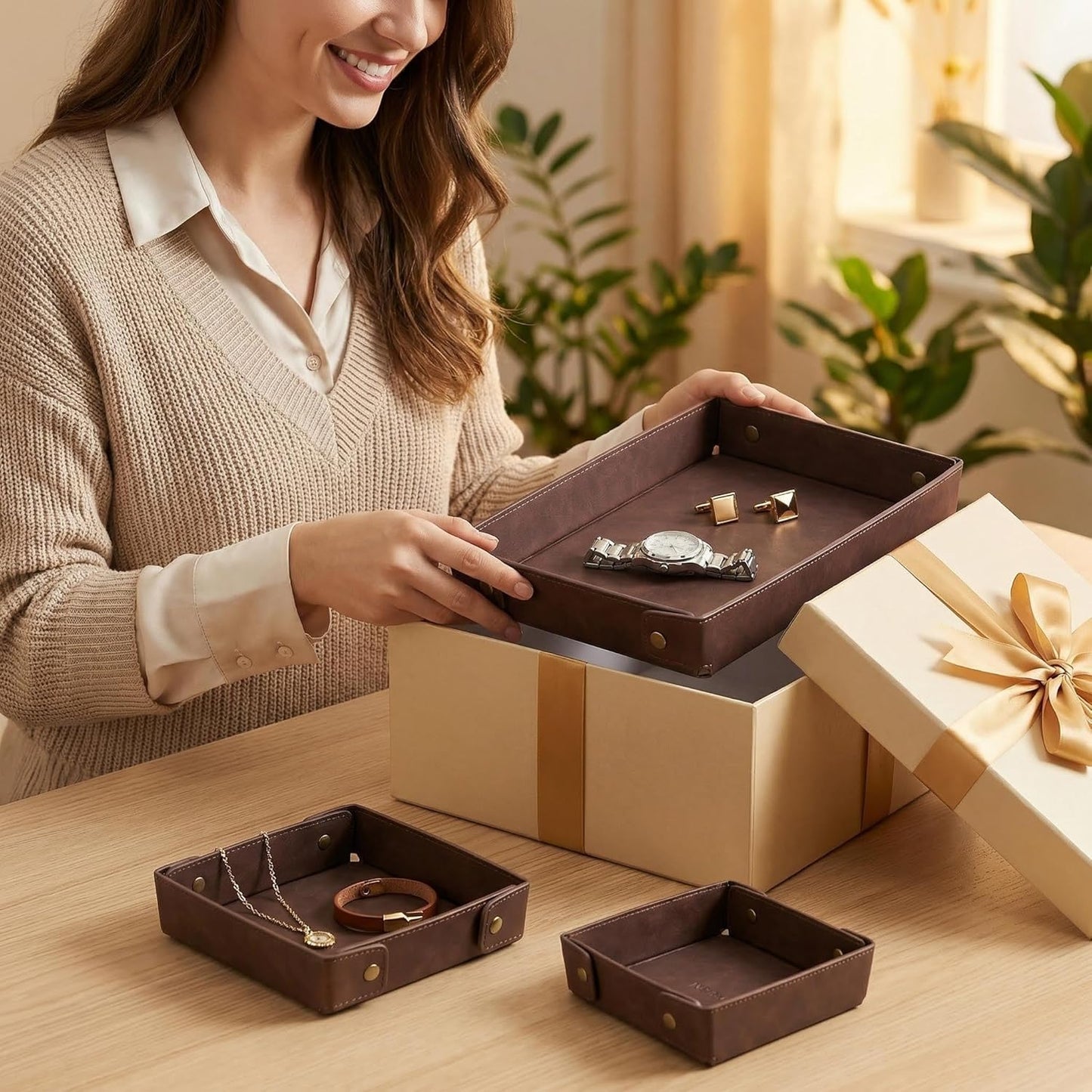 3Pack Mens Valet Tray, Foldable PU Leather Catch All Organizer for Desk, Entryway, Holds Keys, Wallet, Watch, Jewelry, Phone (Brown)