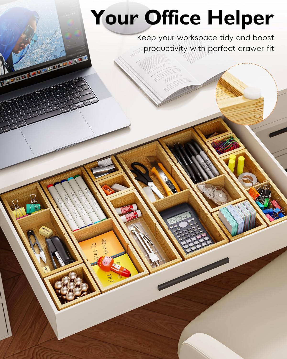 Bamboo Drawer Organizer with 9 Adjustable Compartments, Office Desk Organization Tray for Office Utensils, Supplies, Makeup, Jewelry, and More – Ideal for Desk or Drawer Storage