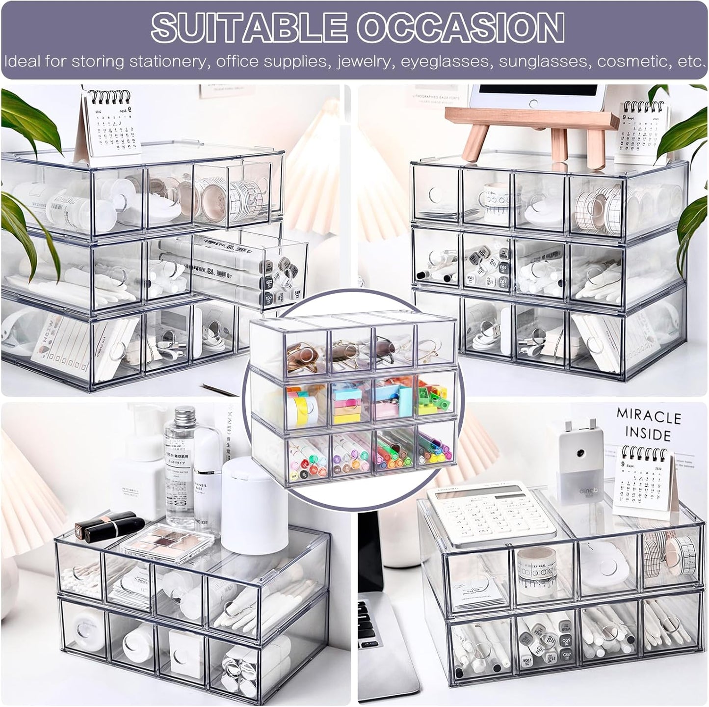 Desk Organizer with 4 Drawers, FODIENS Stackable Desktop Storage Box with Removable Drawer, Clear Sunglasses Organizer Display Case for Stationery Marker Pens Eyeglasses Office Supply