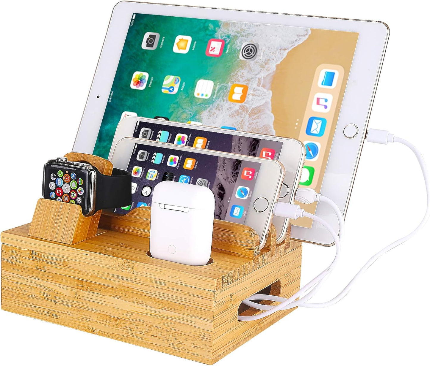 Bamboo Wood Desktop Organizer Charging Docking Station Charger Holder Cradle Charge Stand compatible with iPhone 16 15 Pro Max iPad Apple Watch Ulrta 10 9 8 7 6 5 4 iWatch AirPods Pro 2 3 4 Smartphone