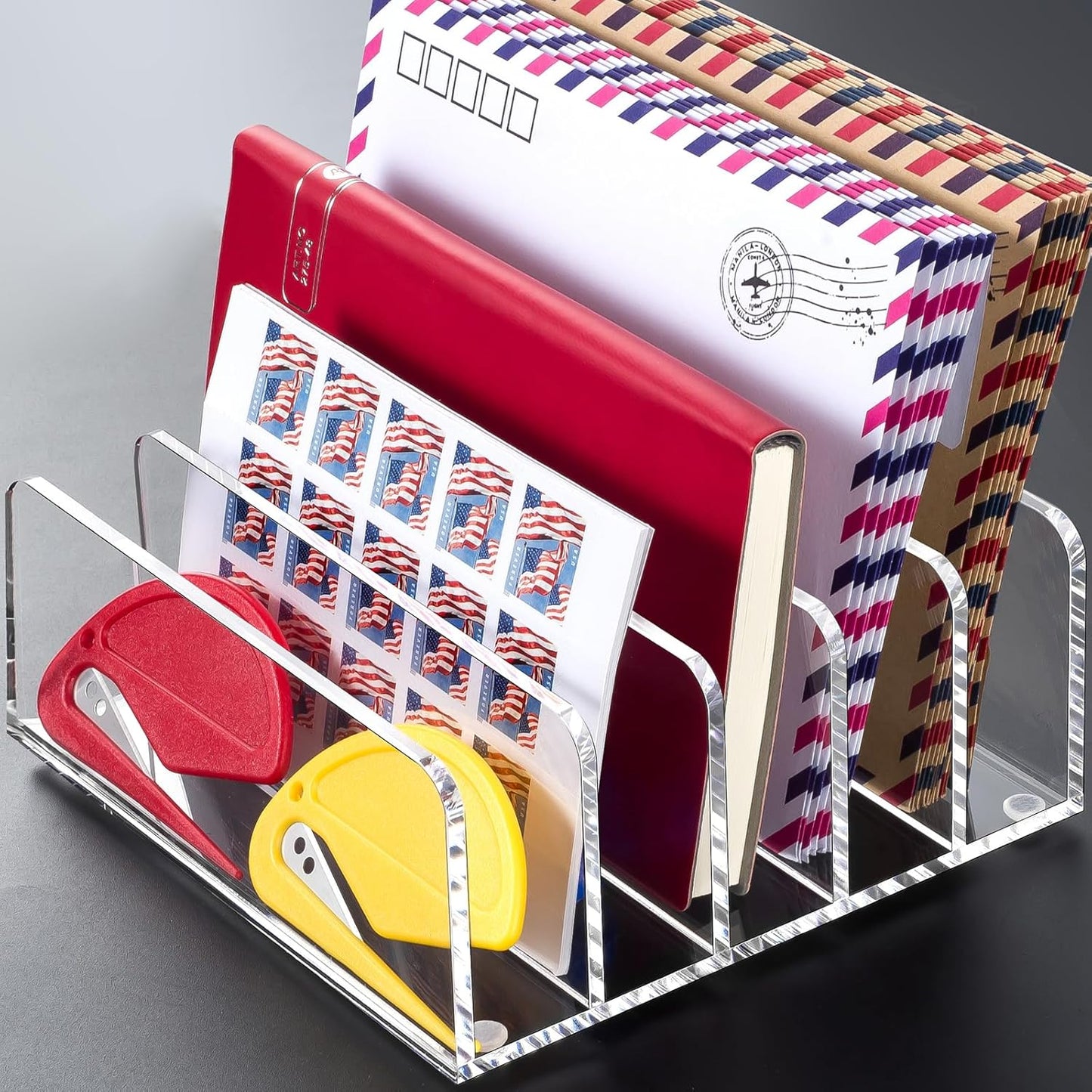 BEYGORM Acrylic Mail Holder, Clear Multifunction Desk Organizer with Divider, Vertical Letter Sorter for Desktop, 5 Compartments Modern Office Home Envelope Organizer for Bill, Document, Folder