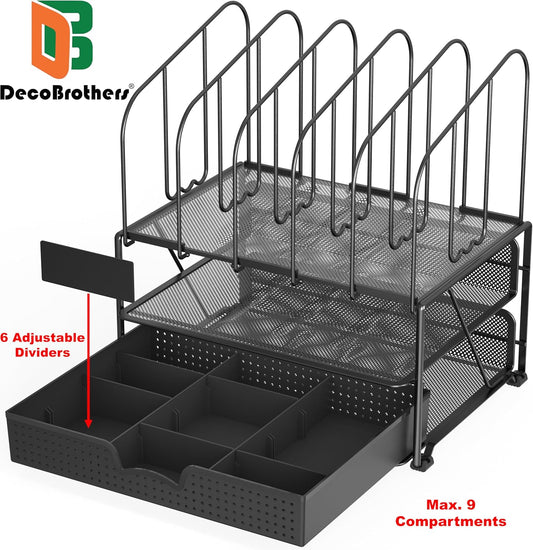 Deco Brothers Mesh Desk Organizer with Double Tray, 5 Upright Sections and Sliding Drawer, Black