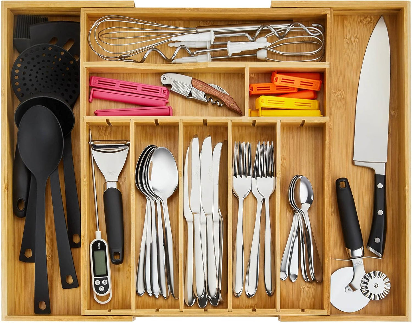 Night Tree 2.5” Extra Deep Silverware Drawer Organizer with Adjustable Dividers – Expandable Bamboo Flatware Tray for Kitchen, Reinforced Wood Cutlery Holder (14"-21.6" Wide)