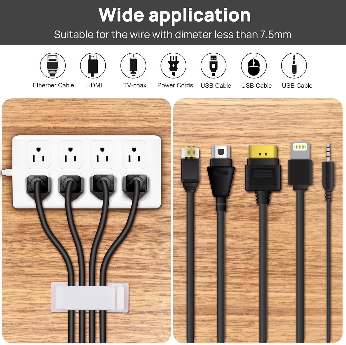 Cable Management Clips, 20Pcs Cord Organizers Wire Clips Cord Holder for TV PC Ethernet Cable Desk Home Office (Black)