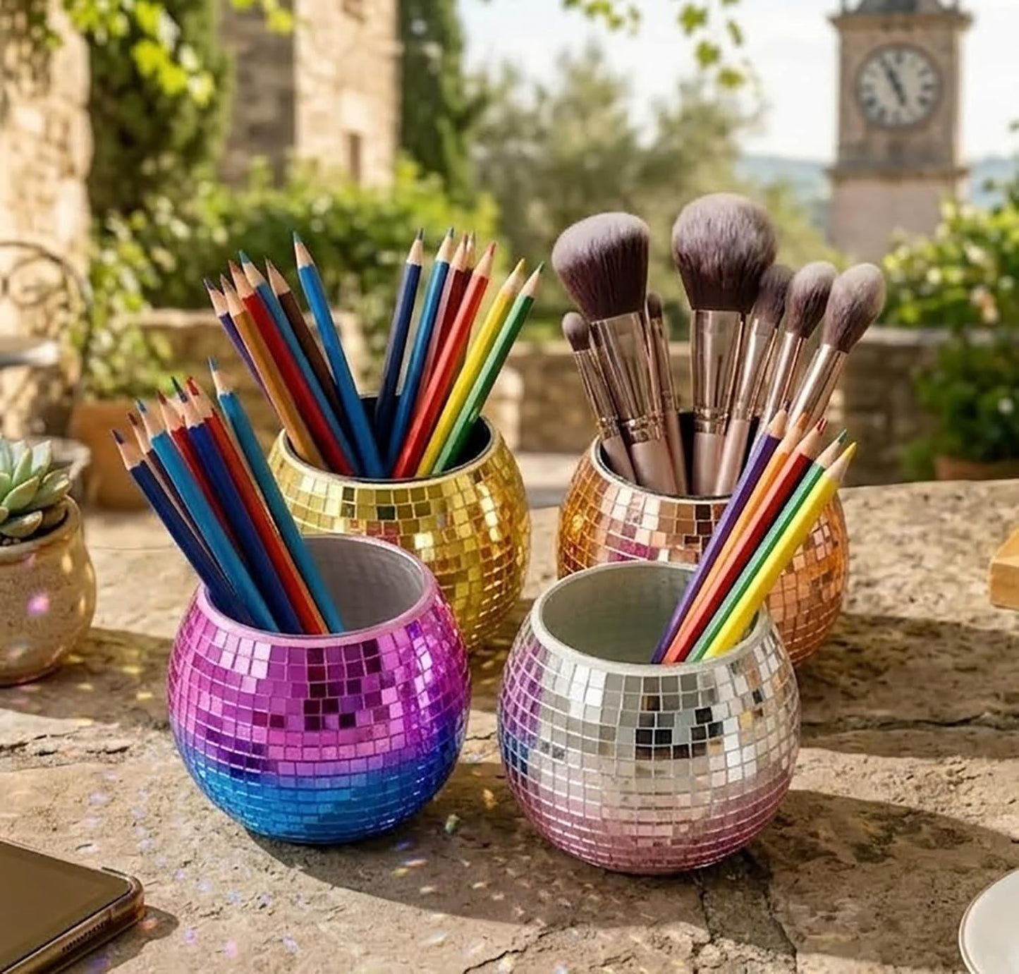 Disco Ball Makeup Brush Holder & Pen Cup - Fun Desk Accessories for Office, Cute Aesthetic Room Decor, 4.7 inch Unique gift vase for Her (rosegold)