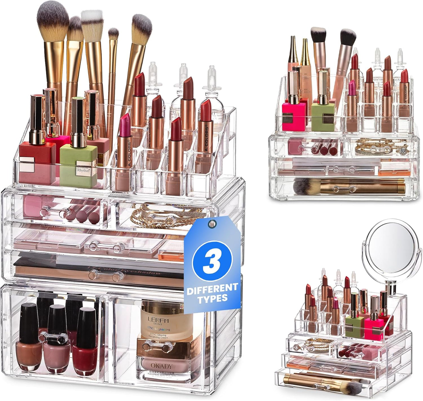 Masirs Clear Makeup Organizer - 16-Compartment Cosmetic and Jewelry Holder with 4 Drawers - Vanity Storage Box for Makeup, Skincare, Accessories, and Jewelry Display