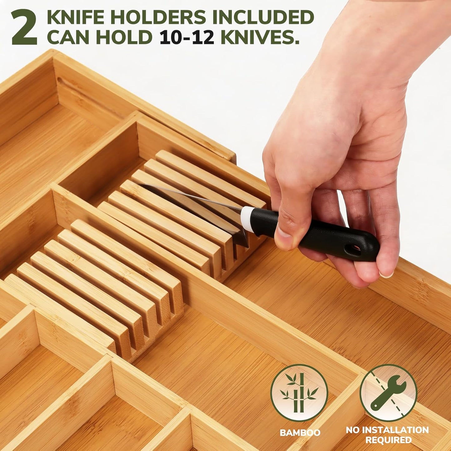BAMEOS drawer organizer flatware organizer cutlery tray silverware organizer expandable adjustable bamboo drawer organizer kitchen bathroom