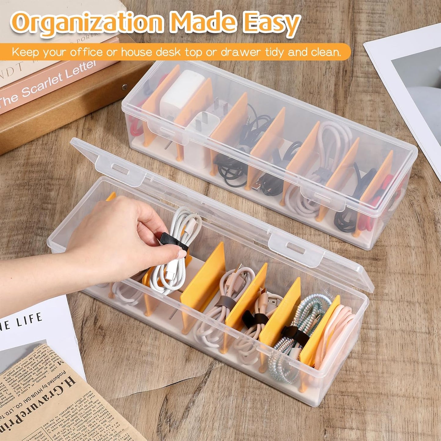 COMNICO 2 Pcs Cable Organizer Box with Lid, Clear Plastic Cord Storage Desk Organizers Desktop Cable Management Multifunctional Accessories for Home Drawer Office