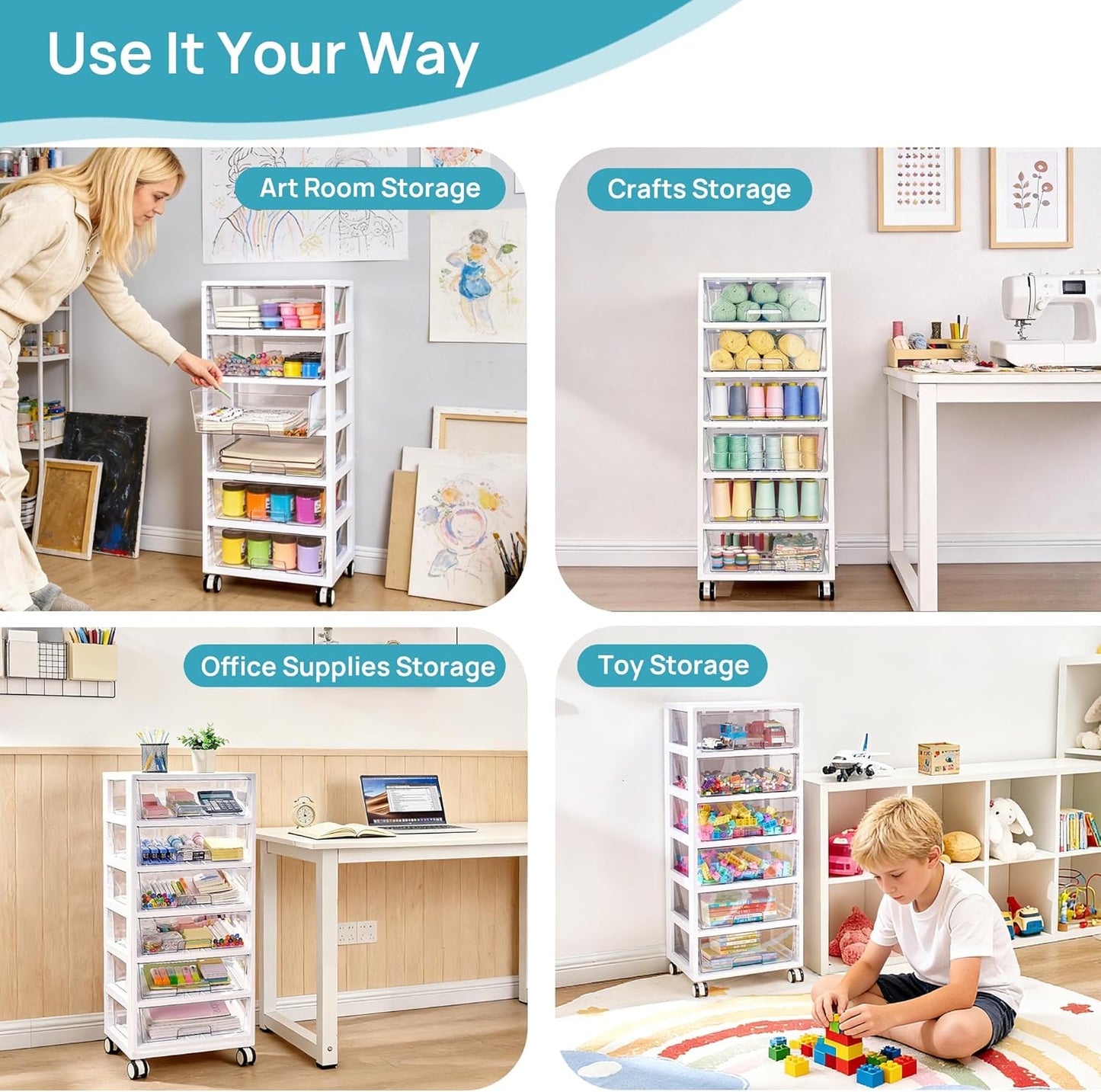 Vtopmart Plastic Drawer Storage Rolling Cart with Wheels, 4-Tier Drawer Organizer for Art Crafts Supplies, Home Office Supplies, Toys, Under Desk Storage for Office, Craft Room, Bedroom, Classroom