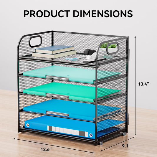 Paper Organizer Letter Tray with Handle, 5-Tier Black Stackable Desk Organizer with Metal Mesh, Sturdy Paper Tray for Office Desk, Home & Classroom Supplies Storage