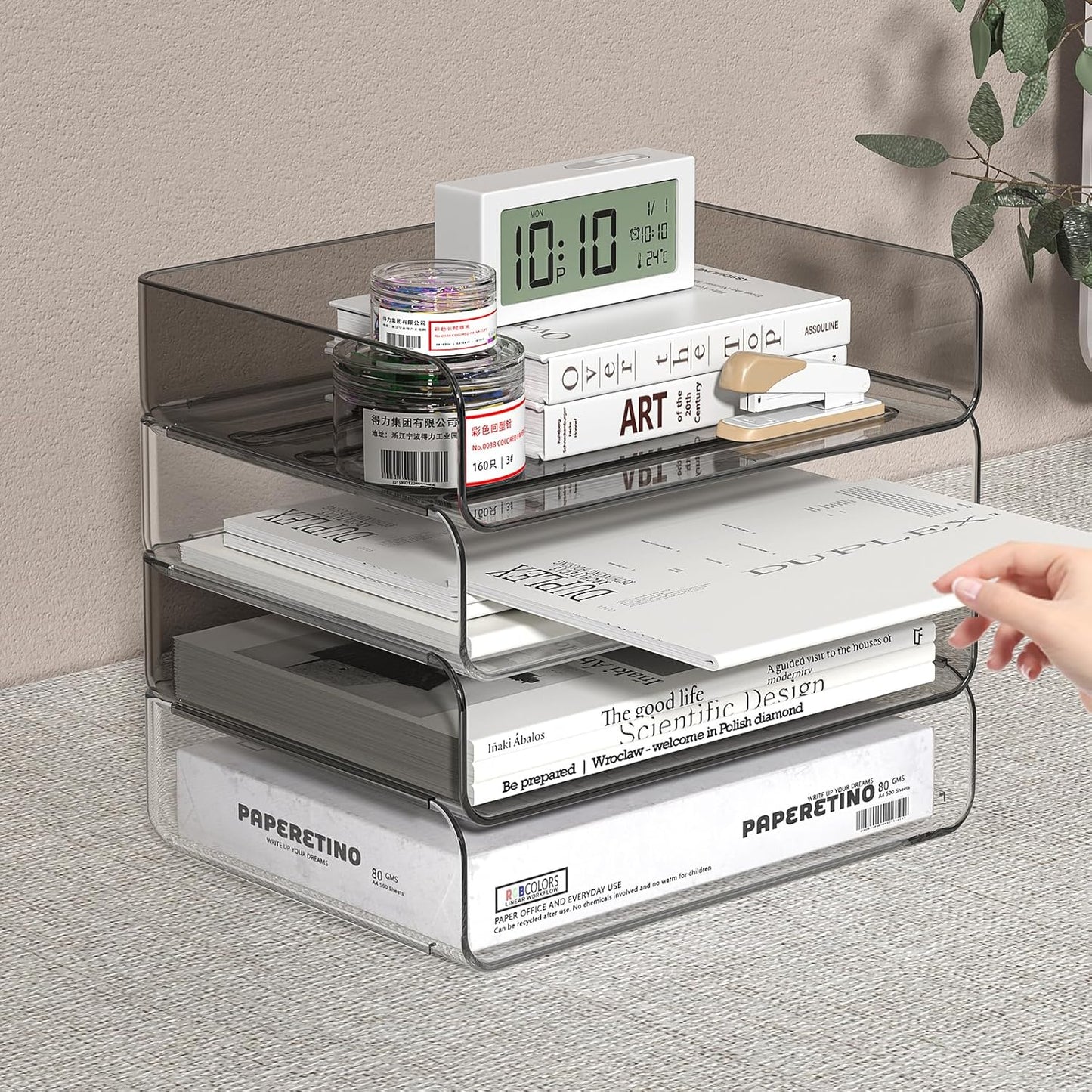 FANXIYQ 4-Tier Acrylic Paper Tray Organizer - Low-Profile Desk File Sorter for Office/Home, Clear Stackable Letter Tray for Bills, Crafts, Notebooks