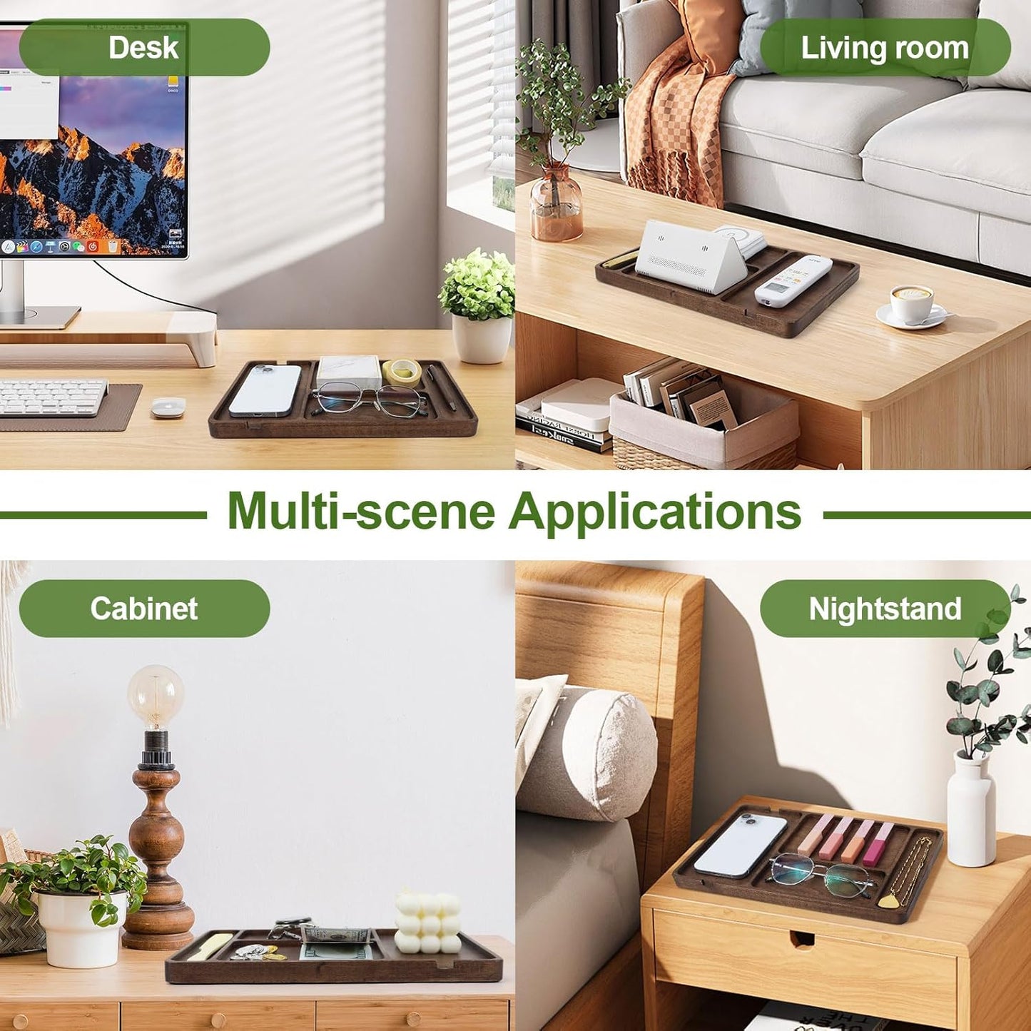 MultiBey Walnut Wood Valet Tray - Wooden Nightstand Organizer for Men Women, 4 Slot Desk Drawer Organizer Tray, EDC Catch All Tray with Cable Slot for Phone Watch Wallet Key Jewelry