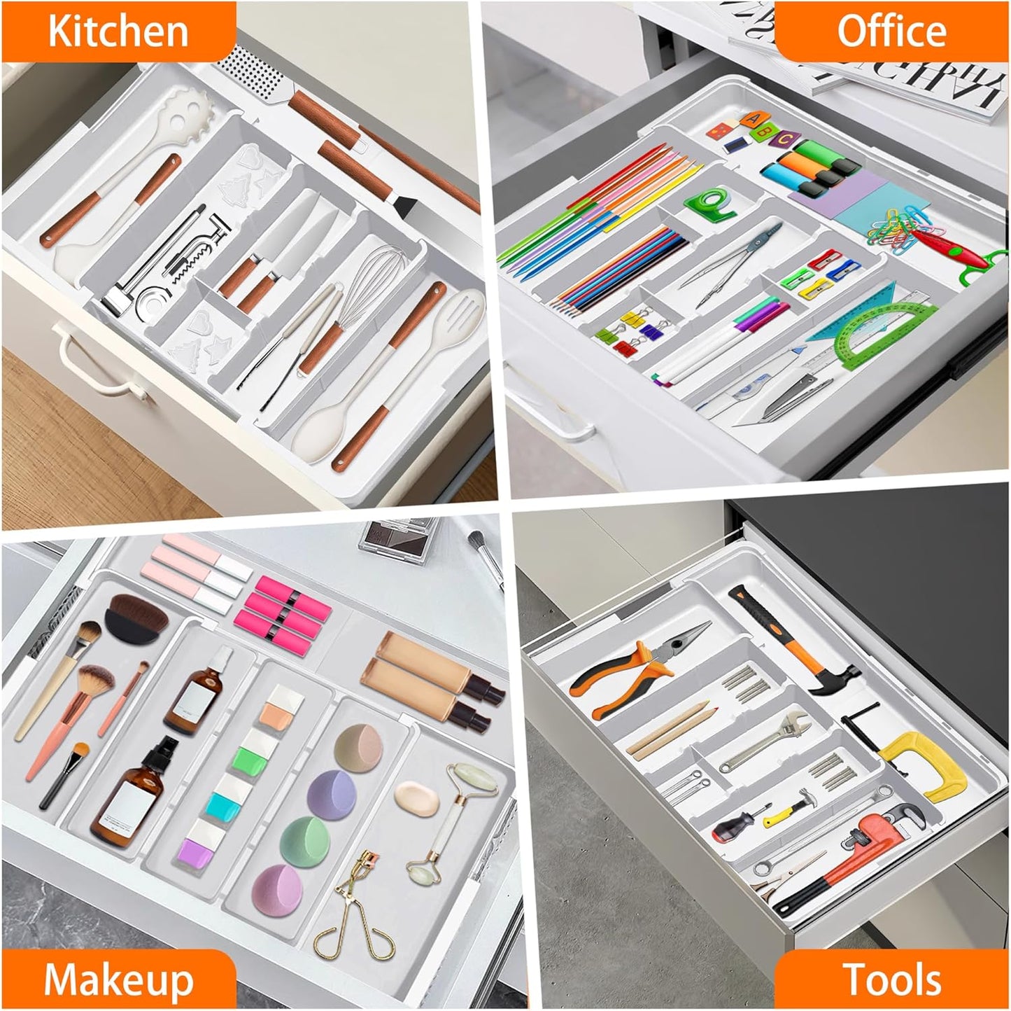 Spaclear Large Utensil Drawer Organizer Expandable Silverware Organizer for Kitchen Drawer Adjustable Cooking Utensil Holder Cutlery Flatware Tray Spatula Tools Gadgets Storage Dividers Plastic Black