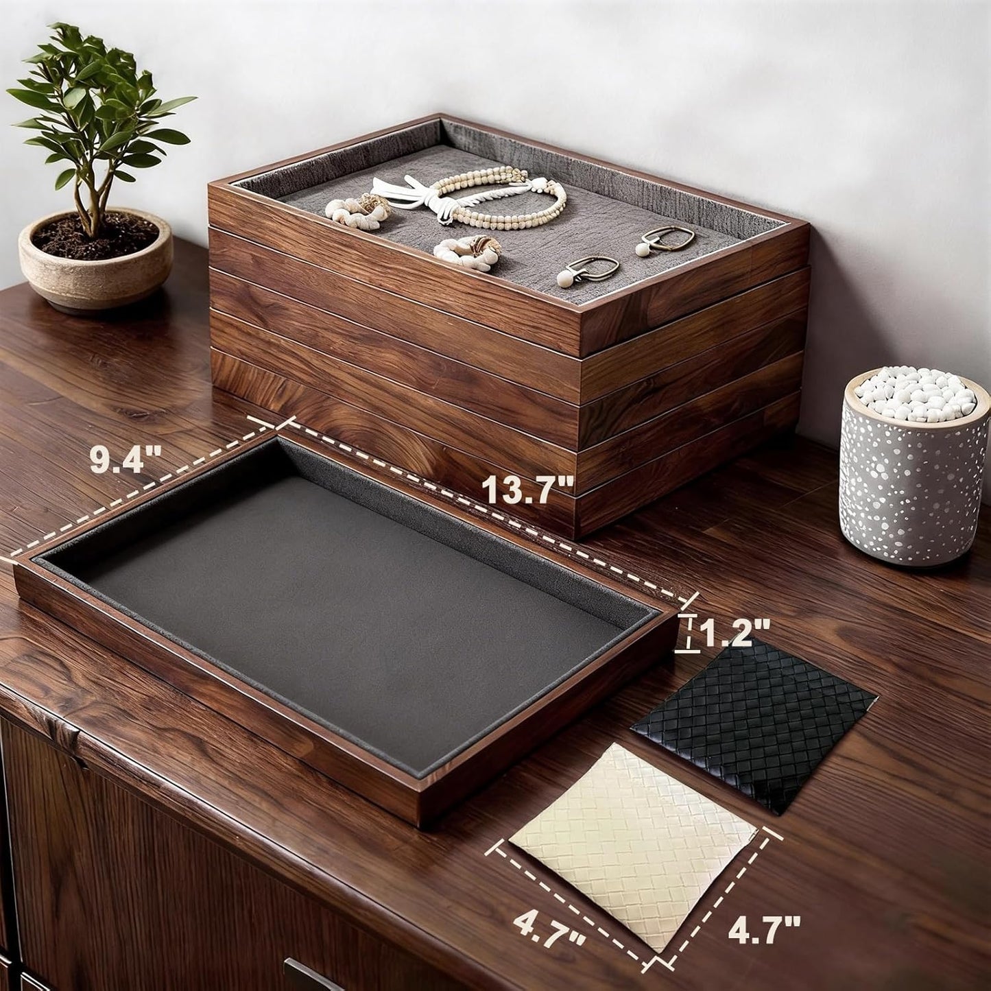 Large Solid Wood Jewelry Watch Tray, Velvet Jewelry Board Display Trays for Key Wallet Ring,Stackable Wooden Jewelry Drawer Organizer Showcase Jewelry Holder(Royal Blue)