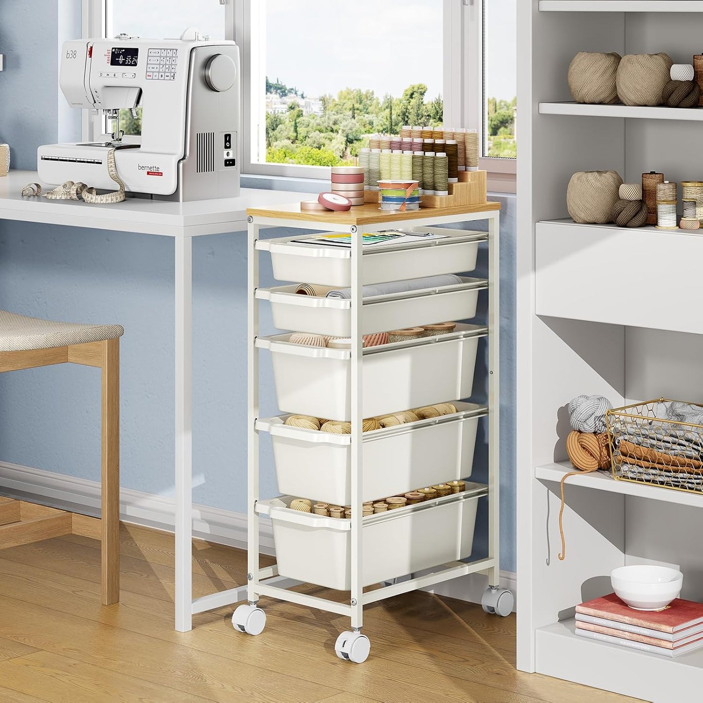 Rolling Storage Cart with 3 Drawers, Craft Organizer, Wooden Tabletop Utility Cart for Bedroom, Children's Room and Office Organization, Under Desk Trolley with Lockable Wheels,White