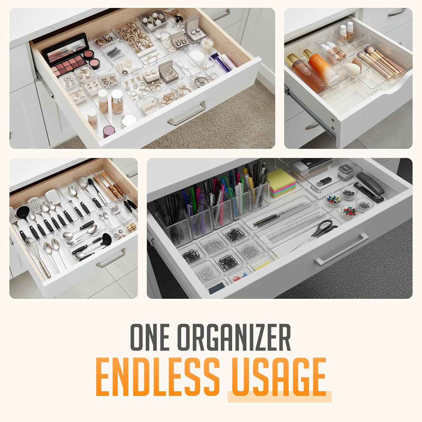 Masirs Clear Drawer Organizers Set 25 PCS – Plastic Storage Bins for Desk, Kitchen, Bathroom, Vanity – Modular, Stackable, Non-Slip Drawer Organizer Trays for Makeup, Utensils, Office Supplies