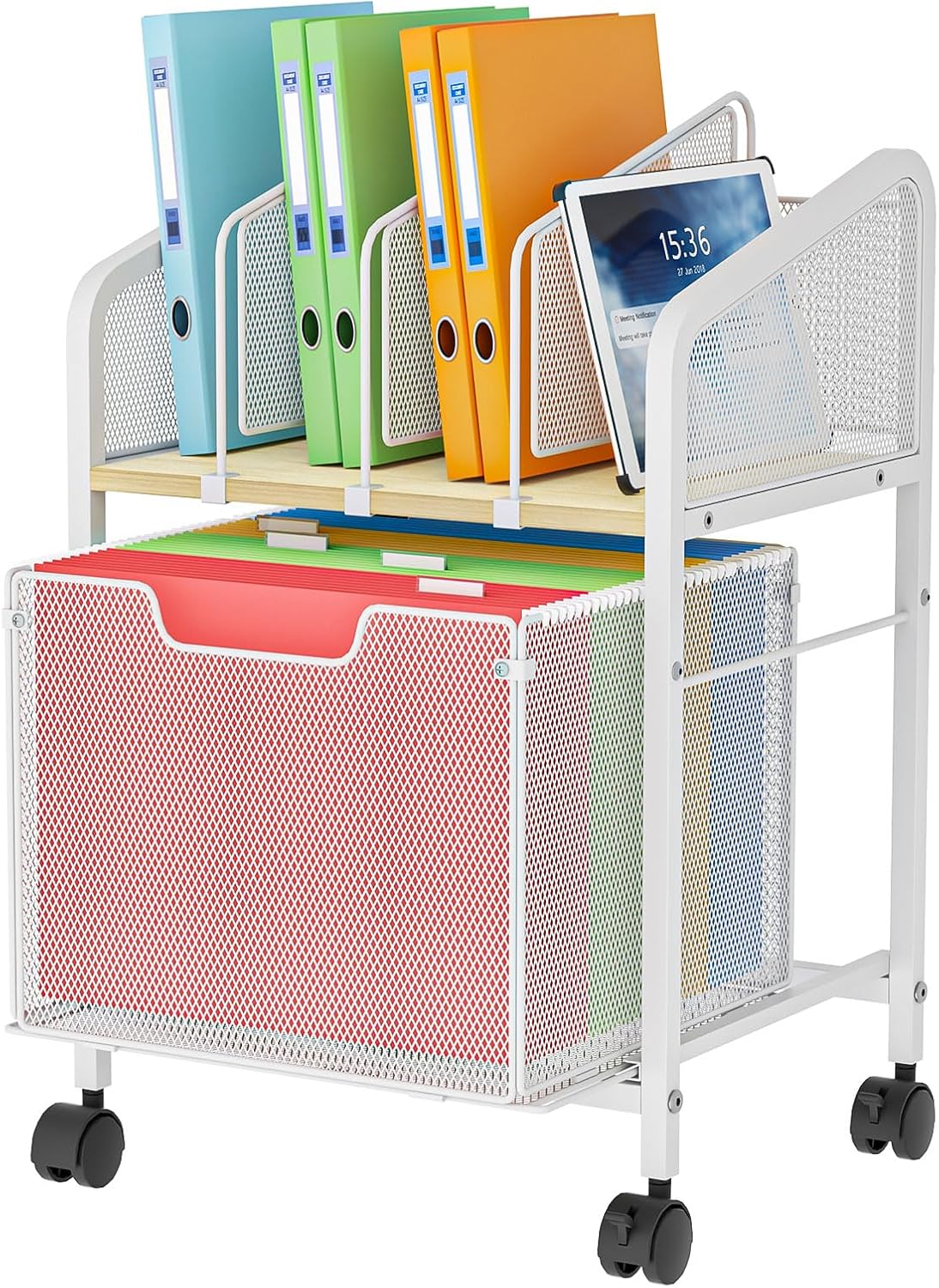 Tiaoheka Rolling File Cabinet with Adjustable Dividers, Vertical Filing Cabinet with Storage Drawer on Lockable Wheels, Hanging File Organizer Beside Under Desk for Office, Home(Patent Pending)