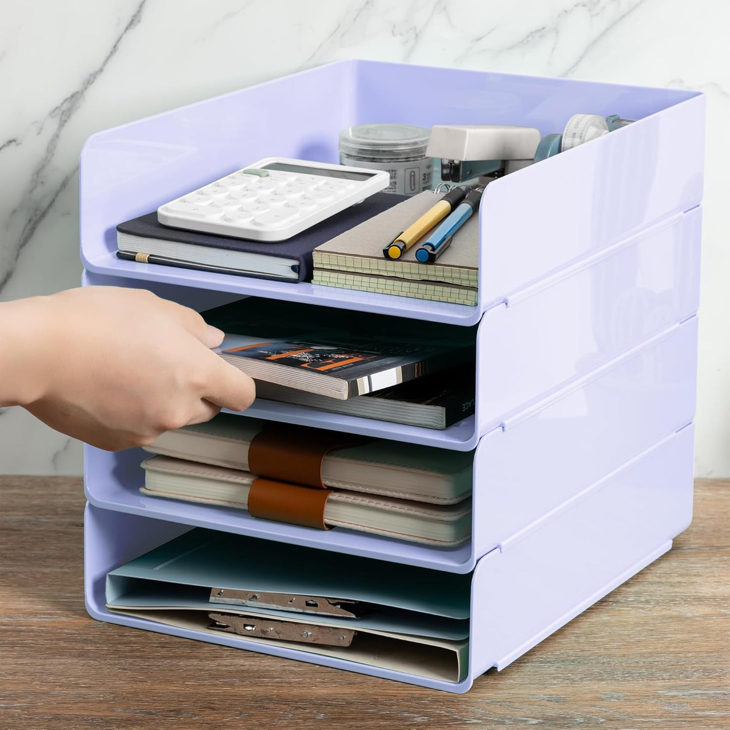 Tiawudi Desk Organizer, Clear Office Organization and Storage, Plastic Letter Tray, Stackable File Organizer for Classroom, Home, Documents, Notes, Folders, Books and Pens, 4 Tier