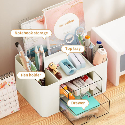 Marbrasse Pen Organizer with 2 Drawer, Multi-Functional Pencil Holder for Desk, Desk Organizers and Accessories with 5 Compartments + Drawer for Office Art Supplies (White)