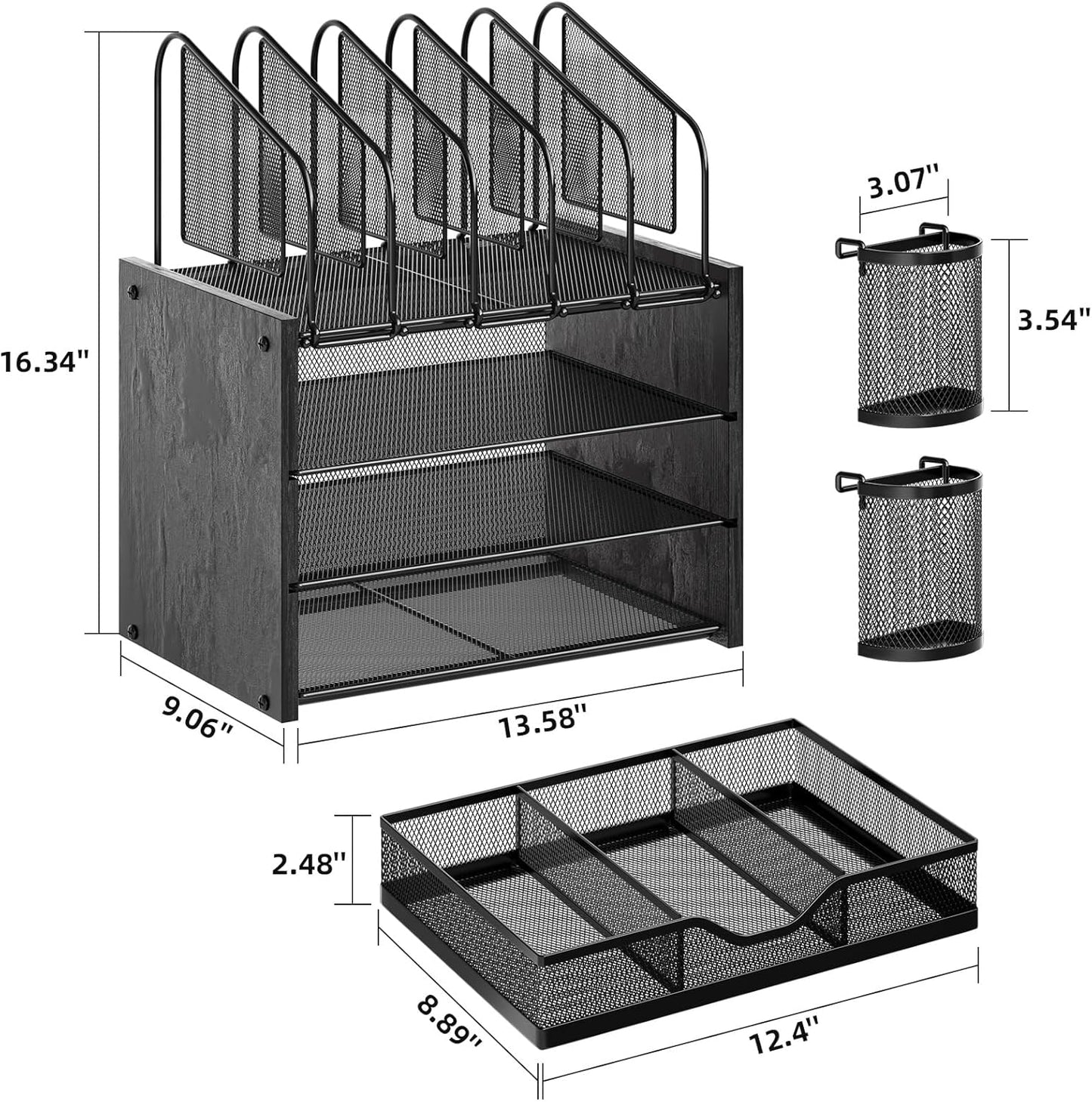 Marbrasse Desk Organizer with Drawer, 4-Tier Mesh File Organizer with 5 Vertical File Holders and 2 Pen Holders, Multifunction Desktop Organizer,Desk Organizers and Accessories for Home Office