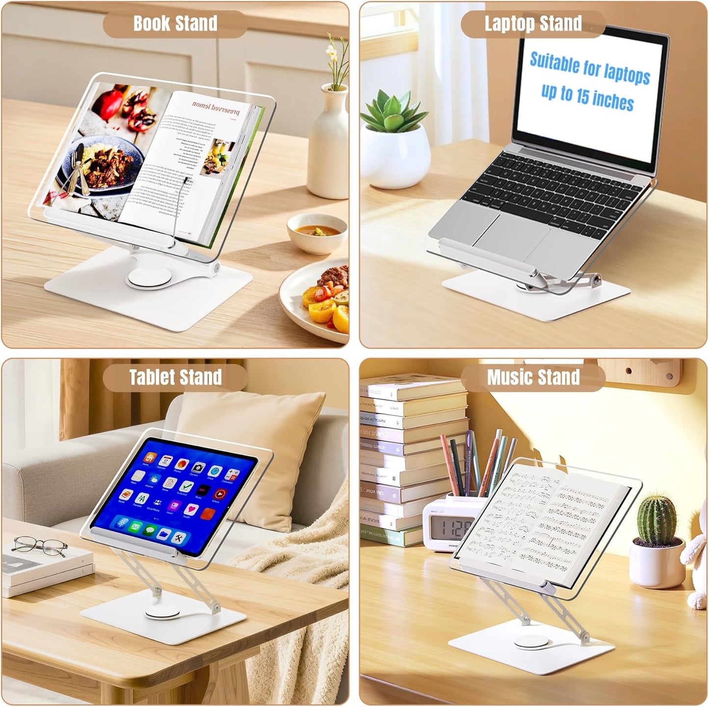 HAUTOCO Adjustable Acrylic Book Stand for Reading, 360° Rotating Base, Foldable Desktop Book Holder with Elastic Page Clips, Hands-Free Cookbook Stand for Laptop, Tablet, Recipe, Textbook, Music Score