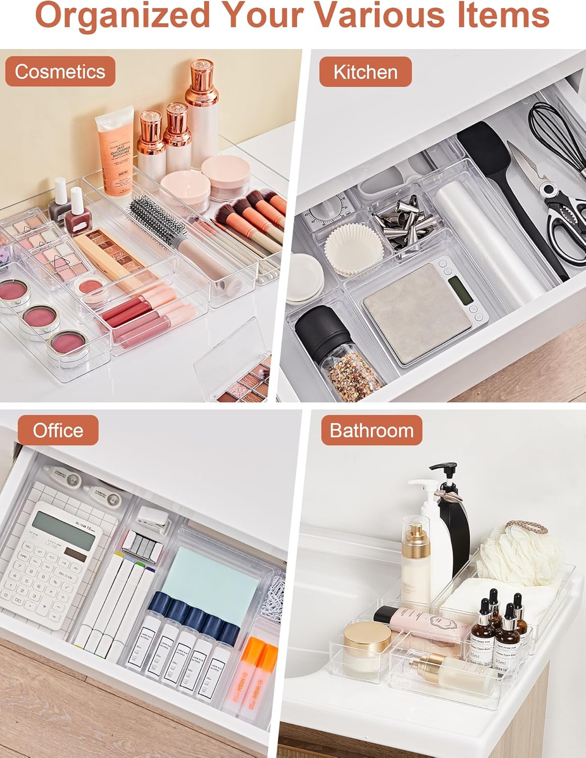 SMARTAKE 20-Piece Drawer Organizer with Non-Slip Silicone Pads, 7-Size Desk Drawer Organizer Trays Storage Tray for Makeup, Jewelries, Utensils in Bedroom Dresser, Office and Kitchen (Clear)
