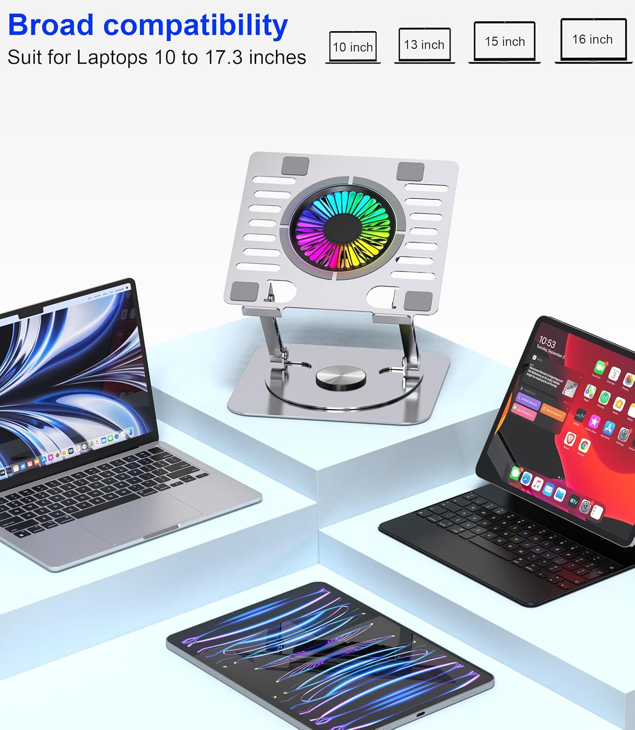 Laptop Stand,with 360°Rotating Base,External Cooling Fan,Adjustable RGB Lighting,Ergonomic Foldable Notebook Computer Holder.Compatible with All 10-17" Laptops Tablets,Silver
