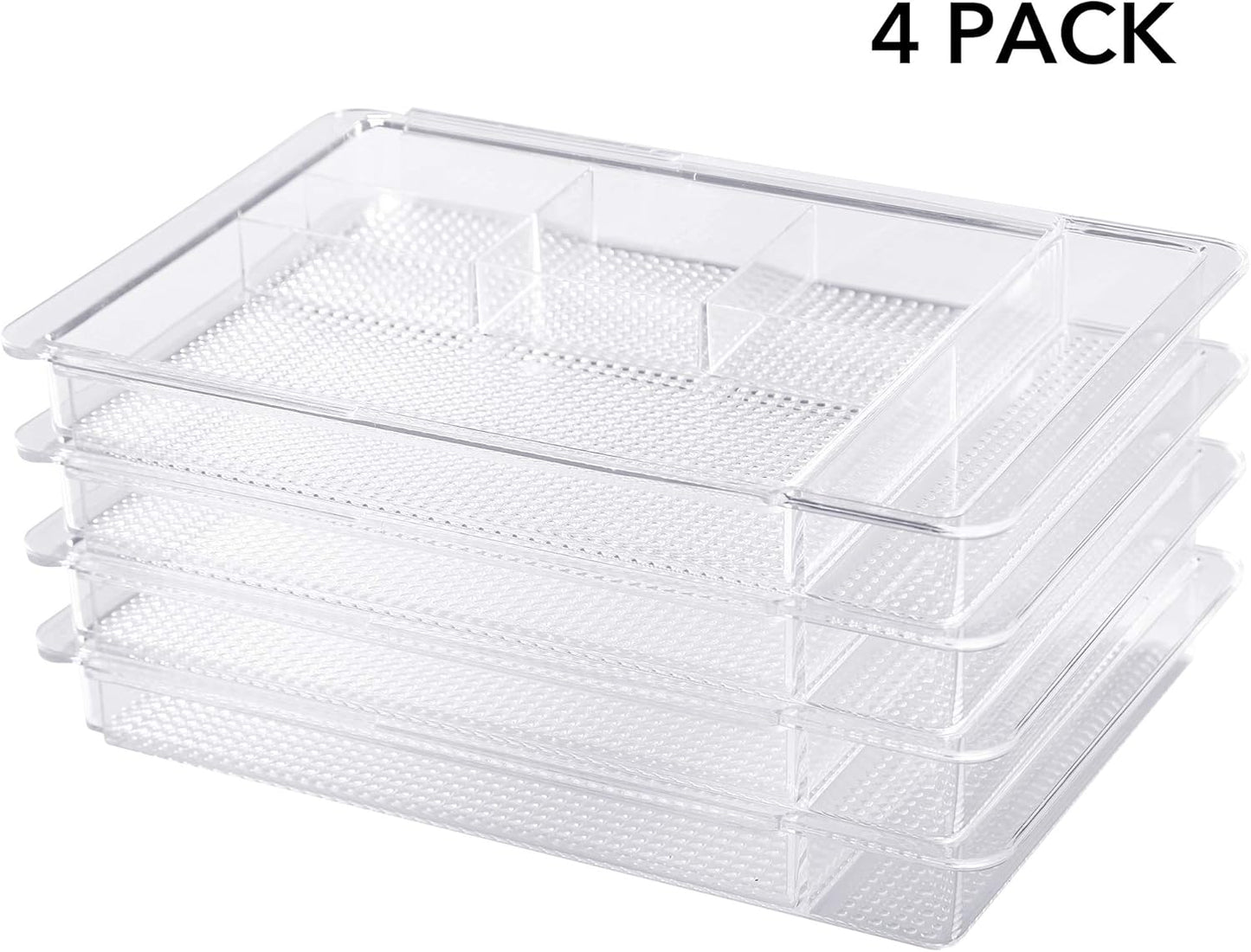 Oubonun Expandable Drawer Organizer 11.1” to 19.2” Width, Shallow Cosmetic Organizer 1.3” Height, 2 Packs, Clear Plastic Storage Trays for Dressing Table,Bathroom