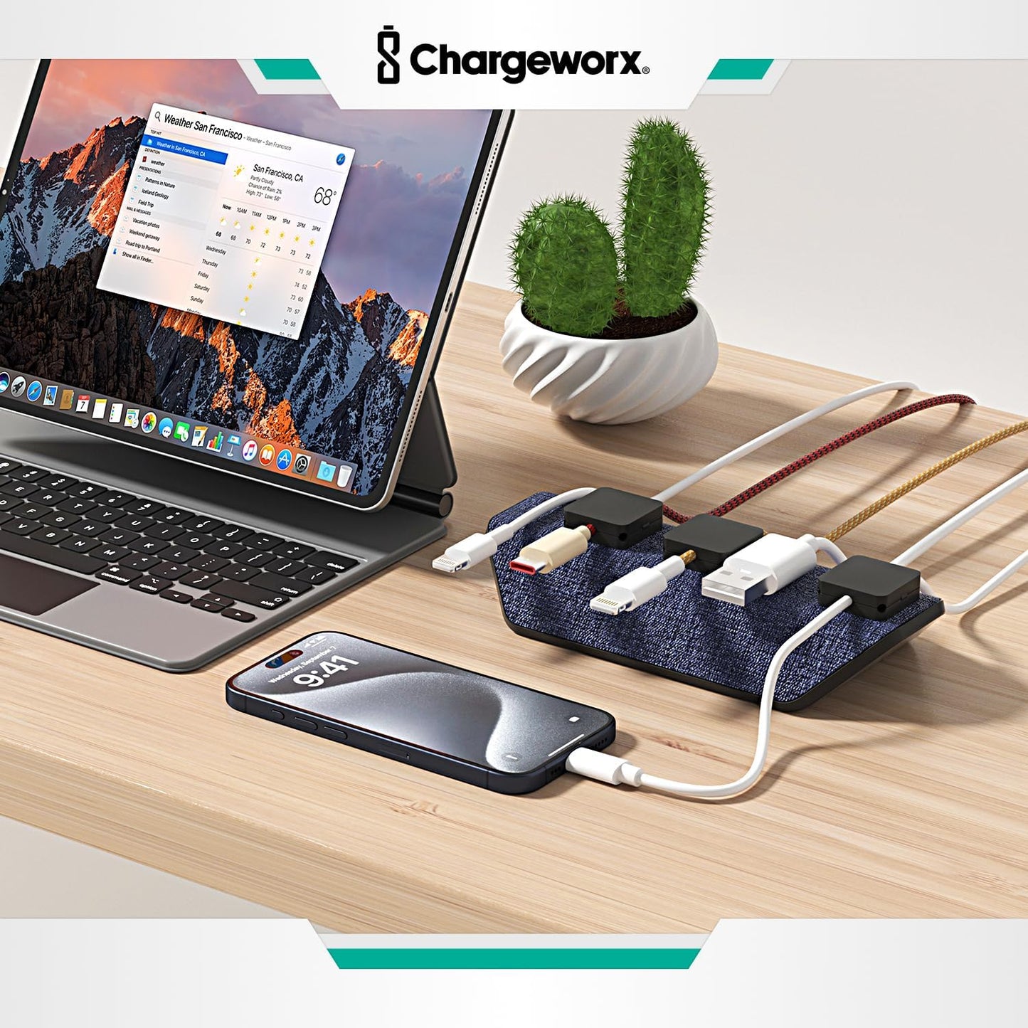 CHARGEWORX Magnetic Cable Organizer – Weighted Non-Adhesive Cord Holder with 3 Magnetic Clips for USB-C, Lightning & MagSafe Cables – Desk, Office & Nightstand Cable Management