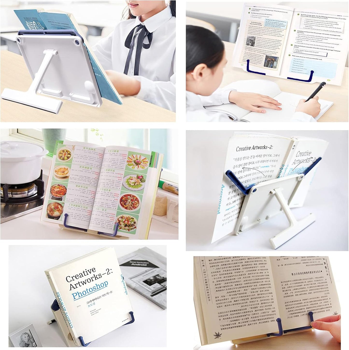 Lemical Desktop Sturdy Bookstand for Cookbook Adjustable Book Holder Reading Portable Folding Multipurpose Book Music Sheet Stand Holder with Detachable Tray-Page Paper Clips