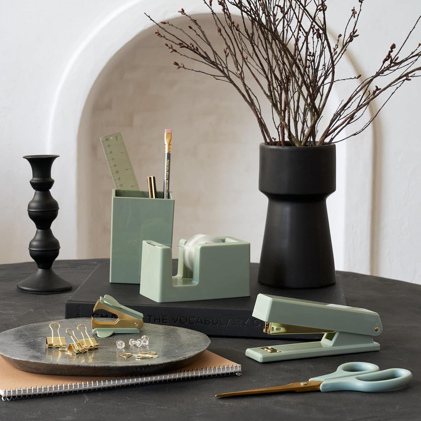 Aesthetic Desk Accessories Set - A Complete Desktop Organizer Set For Women Enhances Any Office Decor - An Office Supplies Kit w Gold Finish incl. Pen Holder, Scissors, Stapler, Tape Dispenser & More