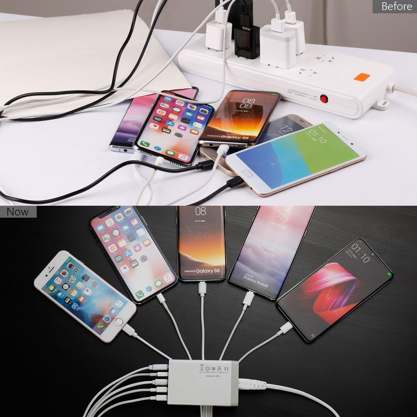 Pezin & Hulin Cell Phone Charging Stations, Bamboo Dock Organizer for Multi Devices, Tablets, Smart Watch, with Pack 5 Cables, No Power Charger Supply