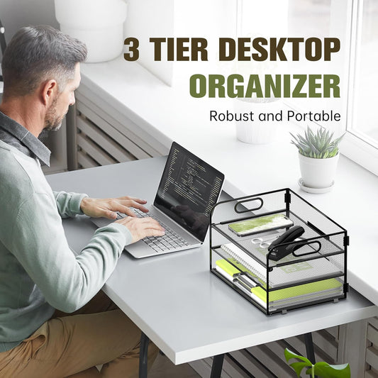 DALTACK 3 Tier Paper Organizer with Handle, Mesh Metal Desk Organizer with Sliding Paper Trays for Letter/A4 Paper, Mail, Bills & Folders, Black