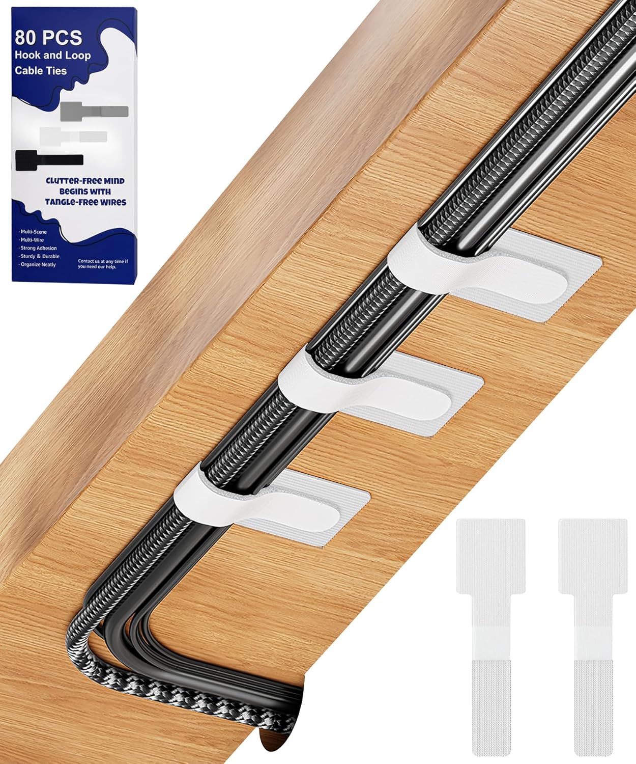 80PCS Hook and Loop Cable Ties, Under Desk Cable Management, Adhesive Cable Straps, Cord Management Hider Idea, Cord Organizer for Desk, Computer Accessories, Home Office Organization, Black+White