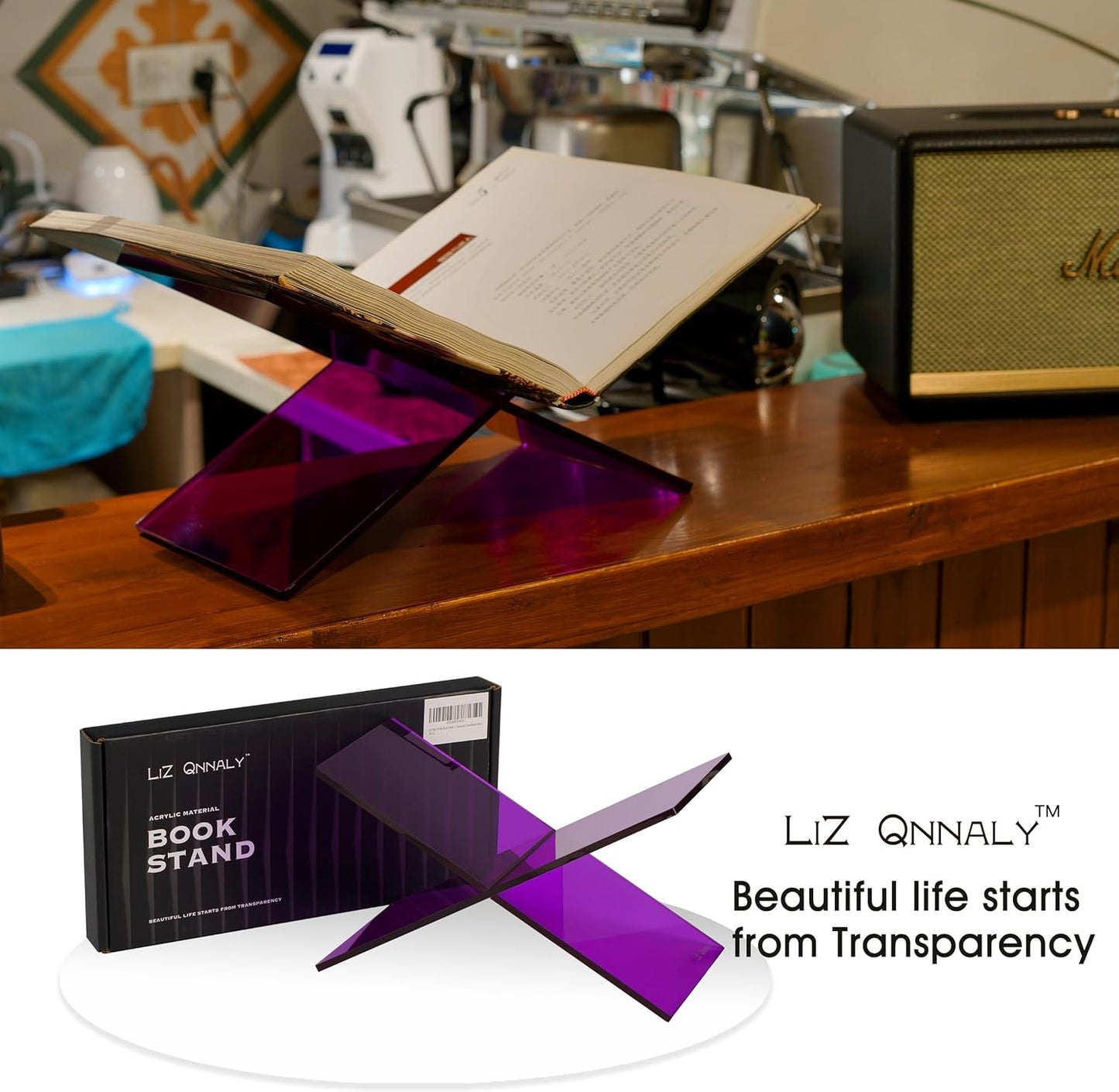 Large Clear Acrylic Book Stand - Perfect for Displaying Open Books on Your Coffee Table - Ideal for Bibles, Cook Book, Guest Books, Magazines, with a Lucite Paperweight(Marble Pattern)