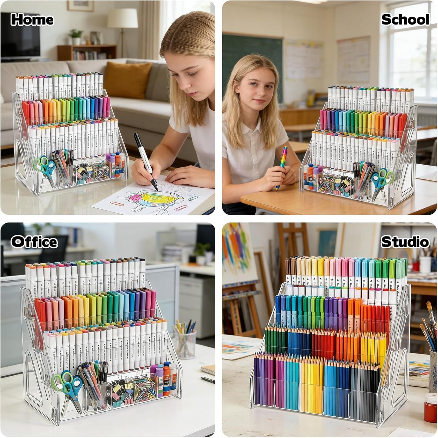 2 Pack Acrylic Desk Organizer, 4 Tier 20 Compartments Vertical Storage for Pens Art Supplies Home Classroom Back to School Office School Office Desk Desktop Stationery Pencil Storage
