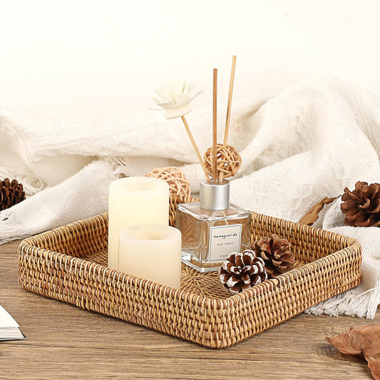 Hipiwe Key Basket Tray for Entryway Table Rattan Serving Tray Handwoven Wicker Baskets Vanity Trays Square Decorative Fruit Trays for Kitchen Counter Bedside Living Room Bathroom, 8.1"