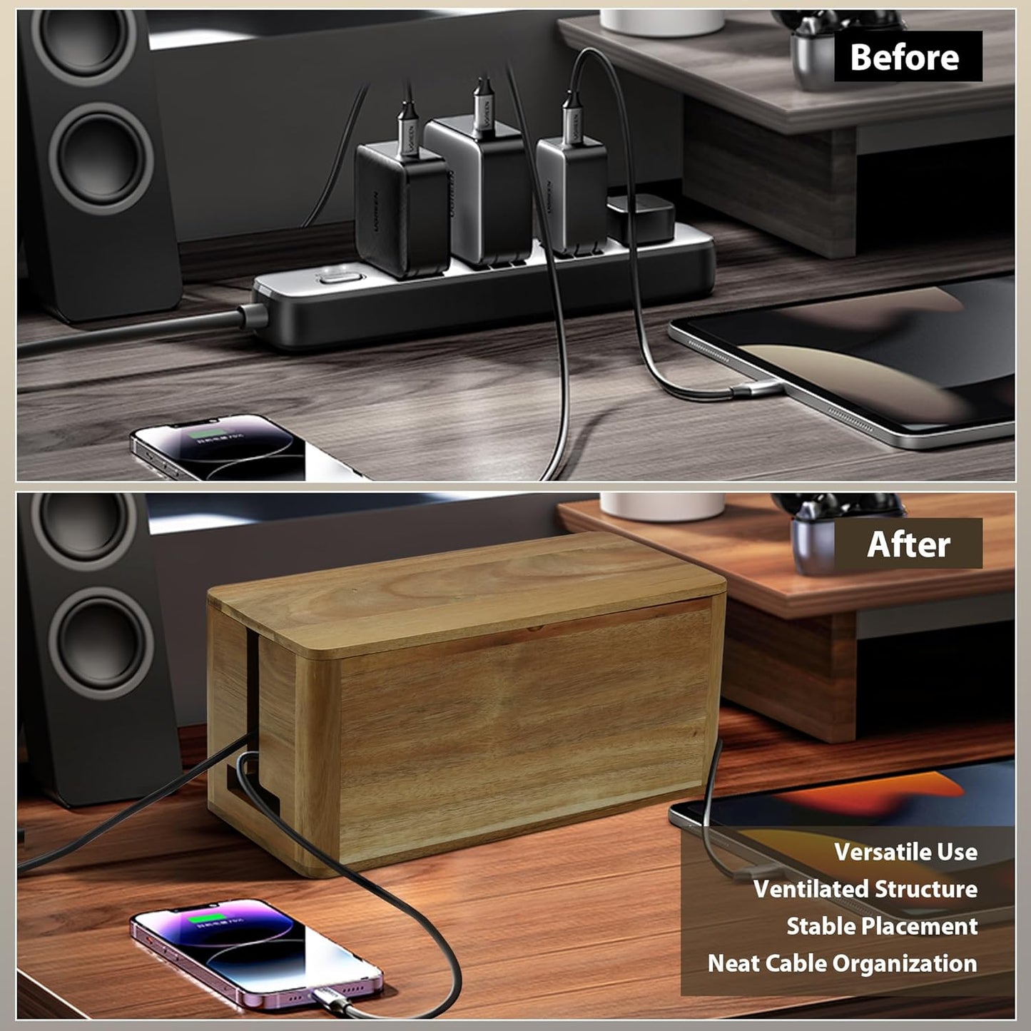 Large Acacia Wood Style Cable Management Box, Cord Organizer Power Strip Box with Magnetic Outlet Covers, Cord Hider for Desk and Floor Cable Storage, Ventilated Design