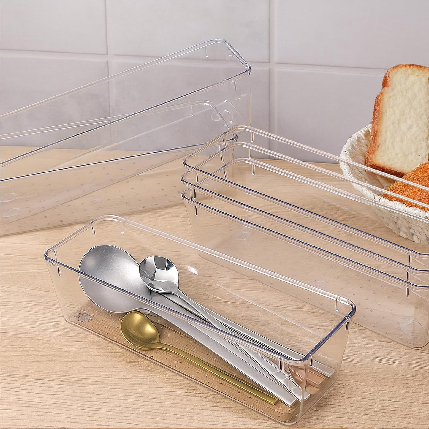 12 Pack Clear Plastic Kitchen Drawers Organizer 9 * 3 * 2 Inch Stackable Storage Trays for Kitchen Utensils Makeup Jewelry Office Supplies Bathroom and Dressing Table