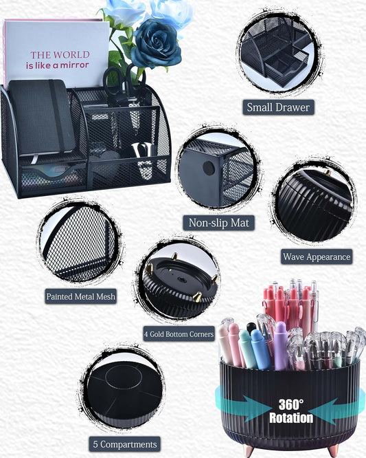 LXEVIHK 21Pcs Pink Desk Organizers and Accessories With Mesh Desk Organizer and 360°Rotating Pen Holder and a Lot of Office Pink Office Supplies Beautifully Presented in a Gift Box