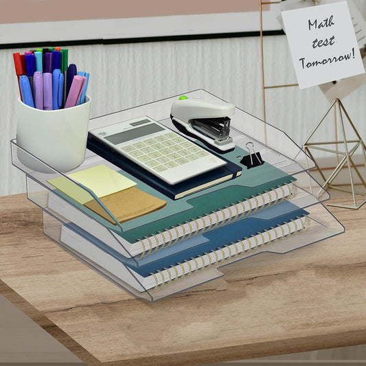 Acrimet 3 Tier Paper Organizer Letter Tray – Plastic Stackable Desk File Organizer, Side Load Paper Sorter for Letter/A4 Office File Folder Holder – Clear Crystal