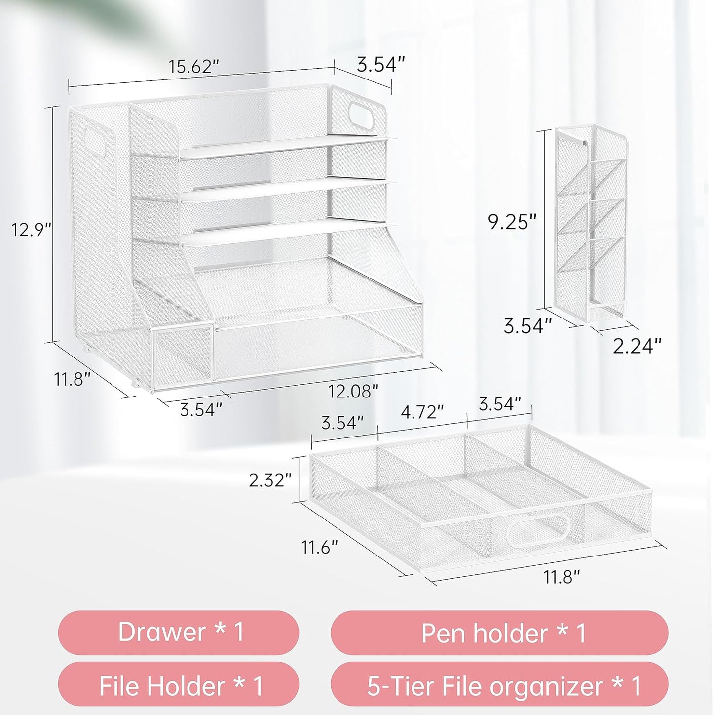 SUPEASY Desk Organizer with File Holder, 5-Tier Mesh Paper Letter Tray and 3 Tilted File Sorter for Office Supplies, Black