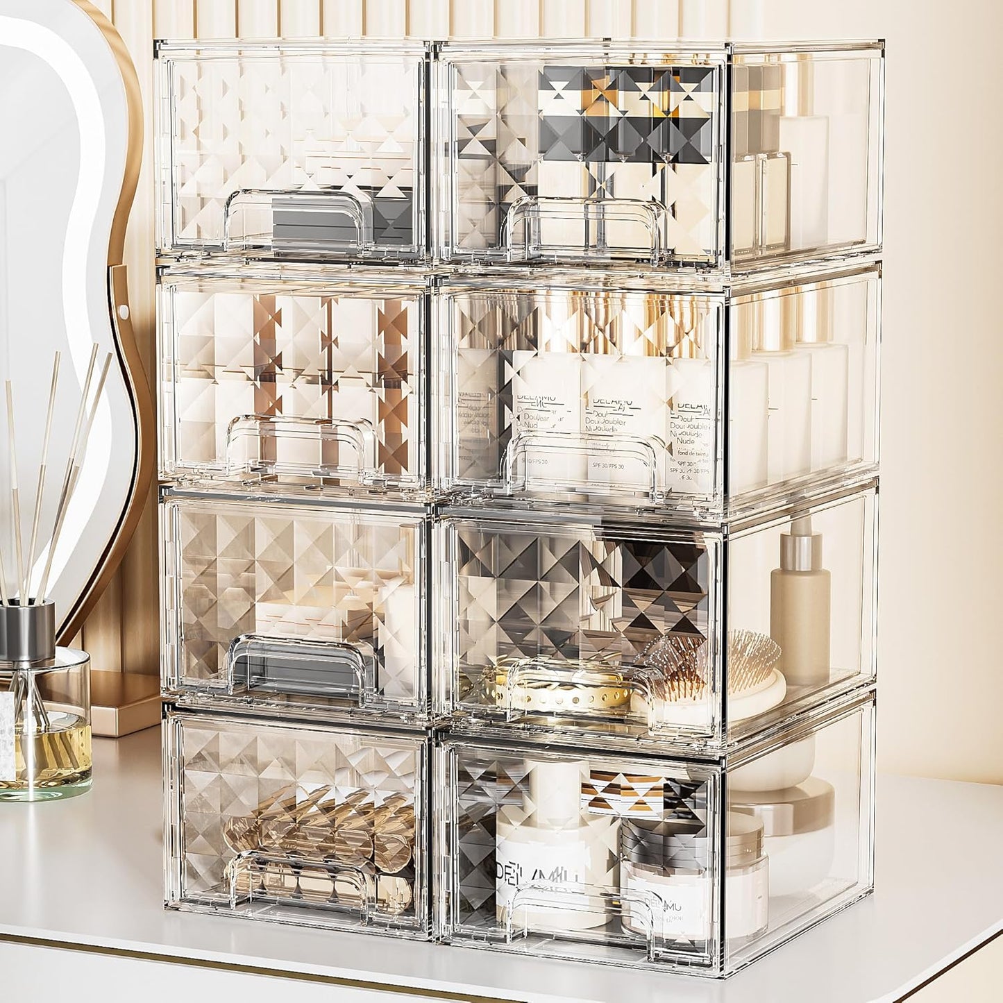 Delamu 6 Pack Stackable Storage Drawers, Makeup Skincare Holder Vanity Storage Organizer, Plastic Drawers For Vanity Desk, Undersink, Kitchen Cabinet, Pantry, Clear, Ideal Christmas Gifts for Girls