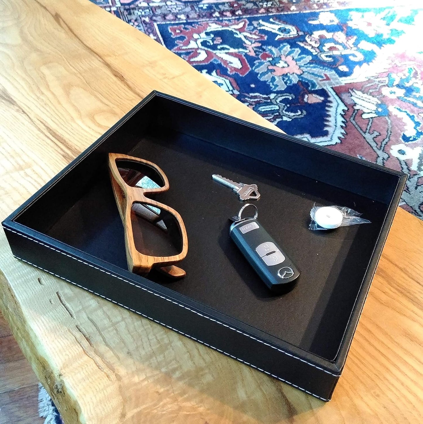 ULTRAY, Valet Tray, Desk Tray, Key Bowl, Nightstand Organizer for Men, Black PU Leather, 10.3 x 8.3 x 1.6 inches