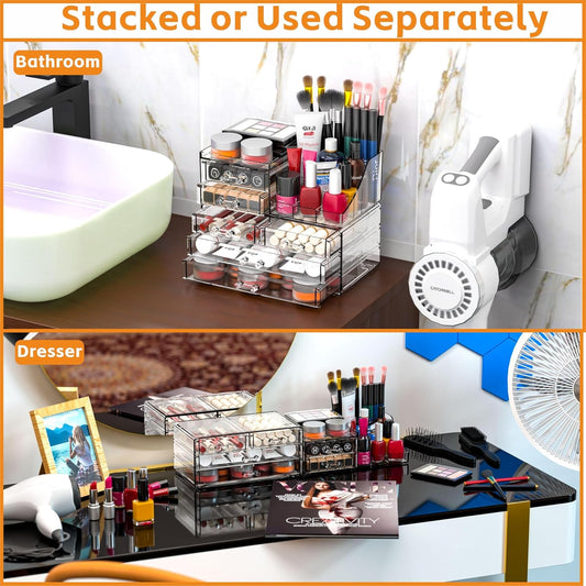 Cq acrylic Make Up Organizers for Vanity With 14 Drawers, 4 Pack Clear Drawer Organizers,Plastic Cute Desk Accessories Organization and Bathroom Organizers Storage Case Box Cube for Beauty,Skin Care