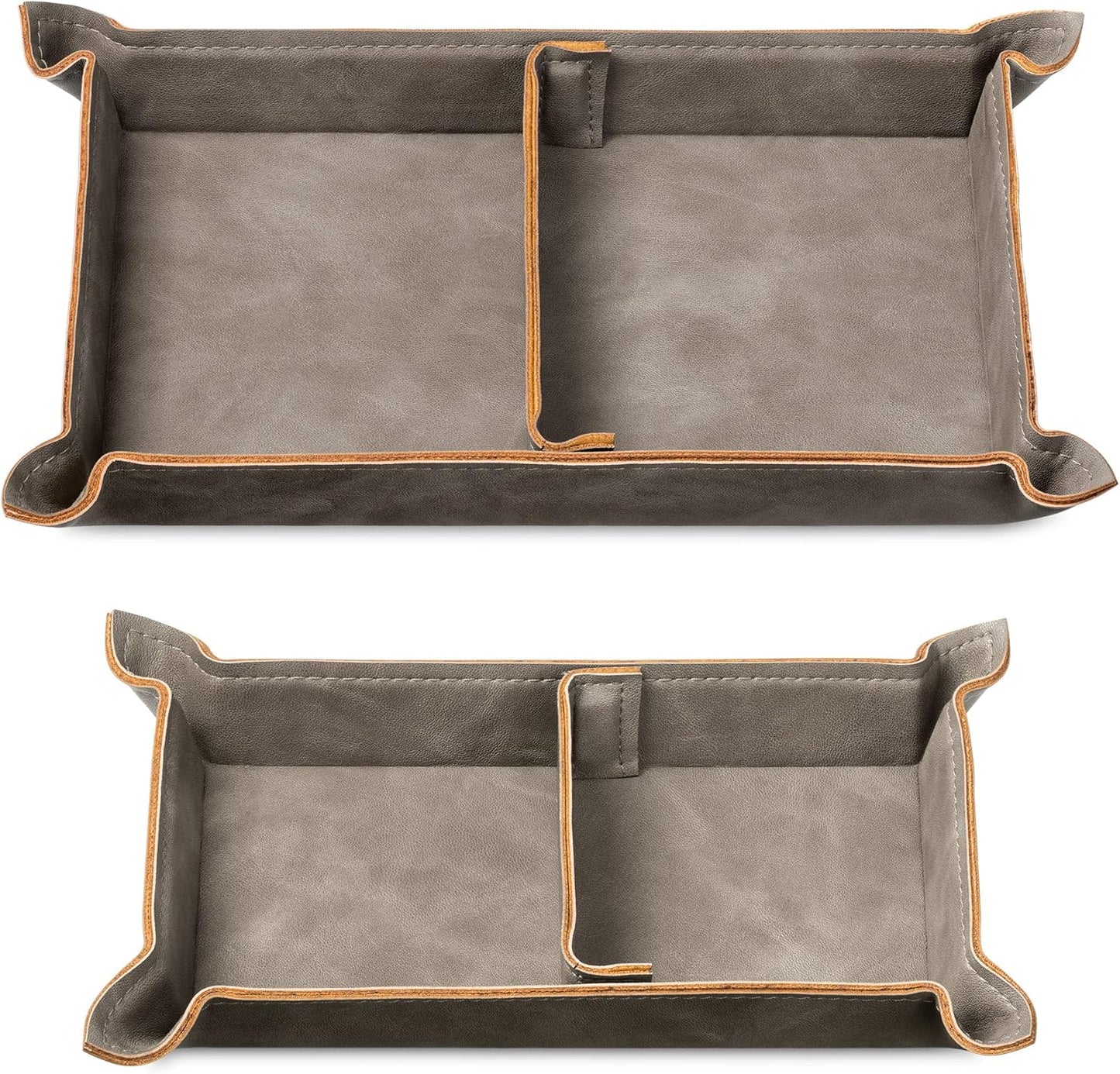 Navaris Faux Leather Tray Set - 2 Valet Organizer Trays for Bedside Table Desk with Dividers- Store Keys, Change, Wallet, Phone, Glasses - Gray