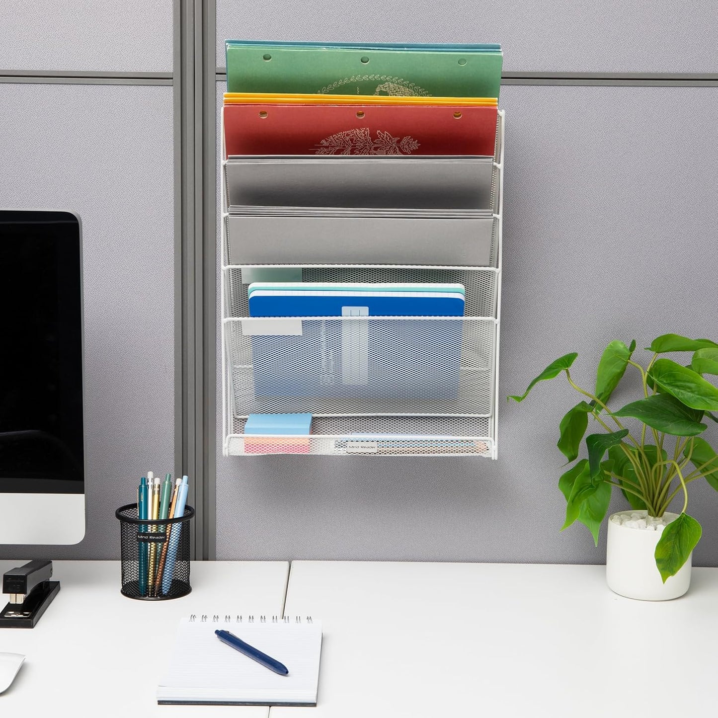 Mind Reader 5-Pocket Vertical File Storage, Desktop Organizer, Wall Mount, Office, Metal Mesh, Pink