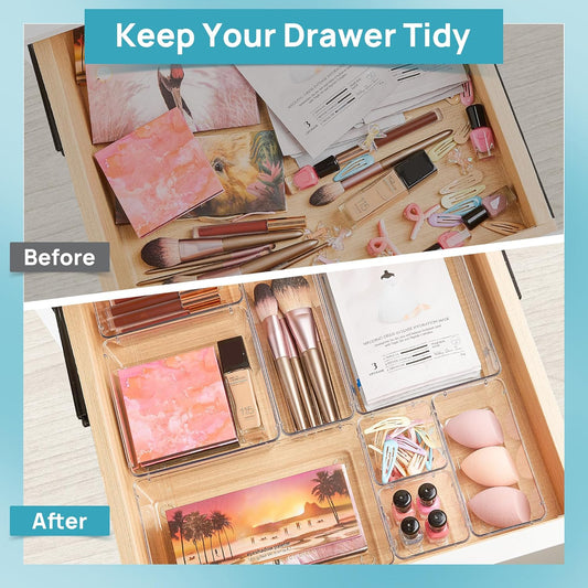 Vtopmart 44 PCS Clear Plastic Drawer Organizers Set, 4-Size Versatile Bathroom and Vanity Organizer Trays, Non-Slip Storage Containers for Makeup, Jewelries, Bedroom,Kitchen Utensils and Office